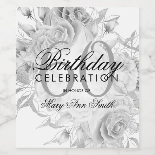 60歳エレガント誕生日パーティーフローラシルバーホワイト ワインラベル (シングルラベル)