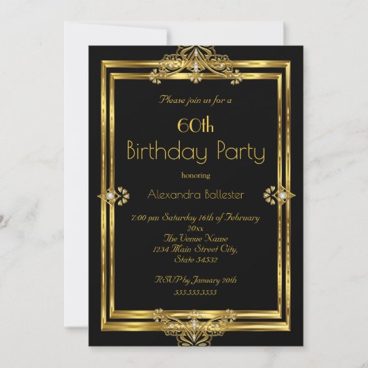 60歳エレガント誕生日パーティー写真黒金ゴールド宝石 招待状 (正面)