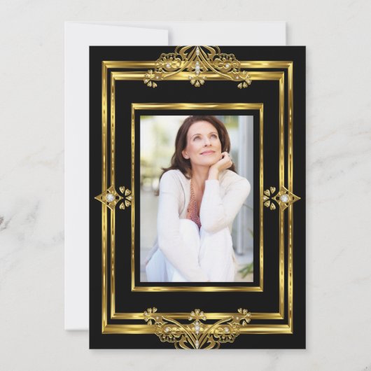 60歳エレガント誕生日パーティー写真黒金ゴールド宝石 招待状 (裏面)