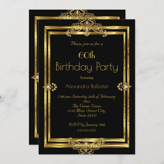 60歳エレガント誕生日パーティー写真黒金ゴールド宝石 招待状 (正面/裏面)