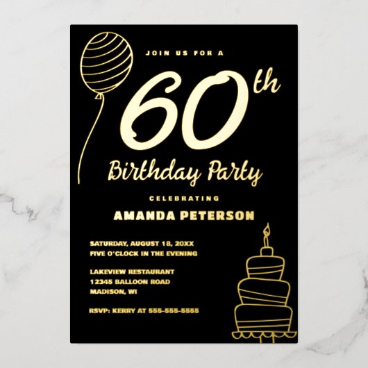 60歳エレガント誕生日パーティー実在金ゴールド 箔招待状 (正面)