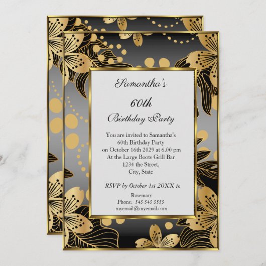 60歳エレガント誕生日パーティー招待状金ゴールドグレー 招待状 (正面/裏面)