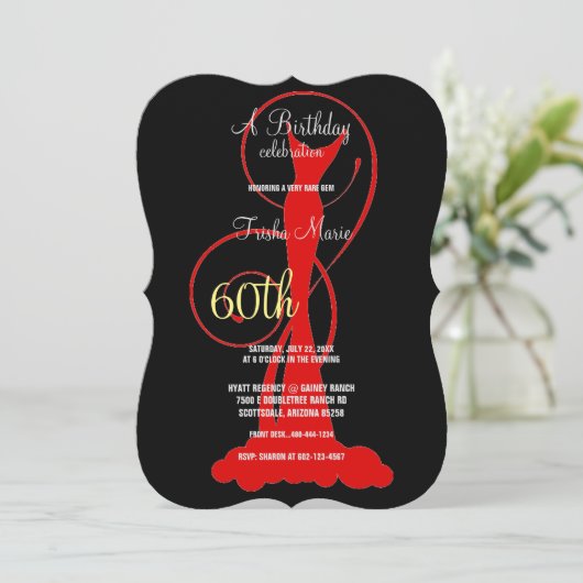 60歳エレガント誕生日パーティー赤フォーマルドレス 招待状 (スタンド正面)
