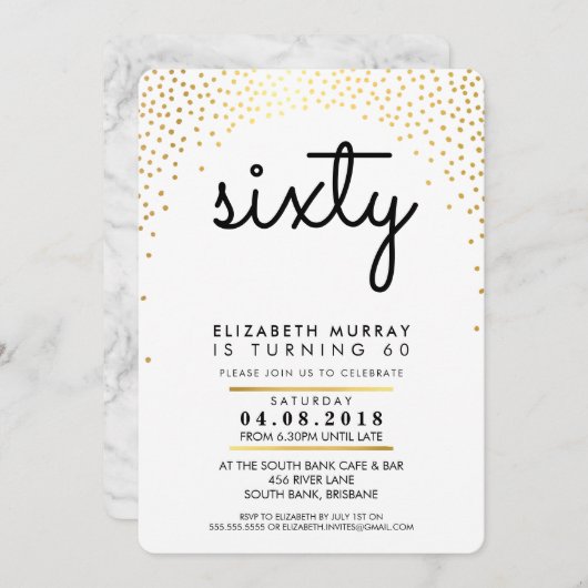 60歳スタイリッシュ誕生日パーティー招待状金ゴールド紙吹雪 招待状 (正面/裏面)