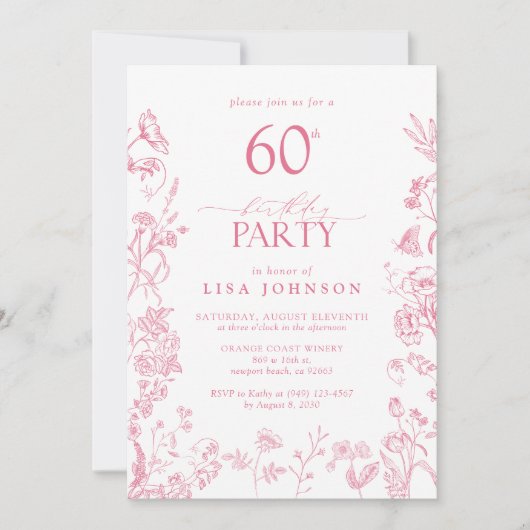 60歳フェミニン誕生日パーティーピンクビクトリアンフローラ 招待状 (正面)