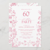 60歳フェミニン誕生日パーティーピンクビクトリアンフローラ 招待状 (正面/裏面)