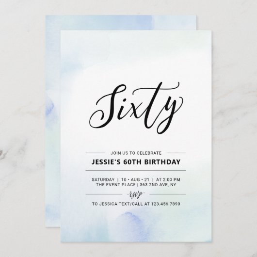 60歳ミニマル誕生日パーティー青い水色 招待状 (正面/裏面)