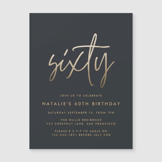 60歳モダンの誕生日シンプルのスタイリッシュスクリプエレガントト マグネット招待状 (正面)