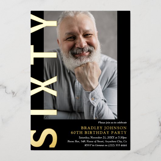 60歳モダンの誕生日パーティーへの招待 箔招待状 (正面)