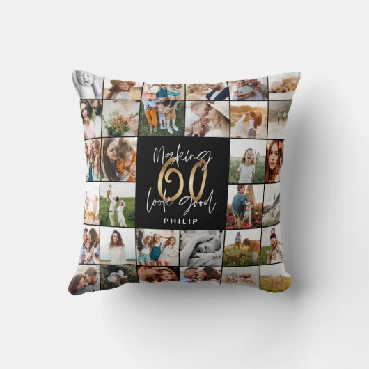 60歳モダンの誕生日数々の写真スクリプトギフト クッション (裏面)