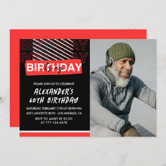 60歳招待状メンズパーティーフォトレッド 招待状 (正面/裏面)