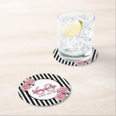 60歳白黒ストライプピンクフローラ ラウンドペーパーコースター (インサイチュ)