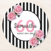 60歳白黒ストライプピンクフローラ ラウンドペーパーコースター (正面)