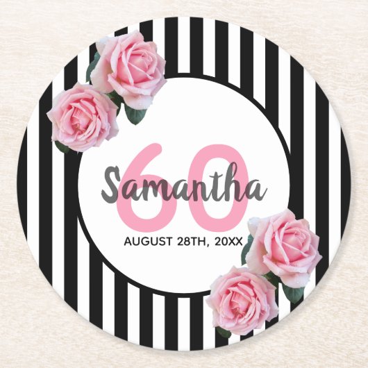 60歳白黒ストライプピンクフローラ ラウンドペーパーコースター (正面)