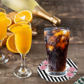 60歳白黒ストライプピンクフローラ ラウンドペーパーコースター