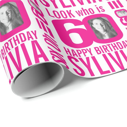 60歳誕生日のピンク色の写真60カスタムの写真名 ラッピングペーパー (ロールコーナー)