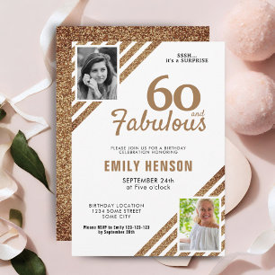 60歳 ファビュラス ゴールドグリッター 2枚の写真 60歳の誕生日 招待状