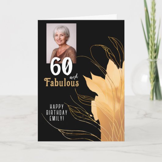 60歳 ファビュラス ゴールド フォリアージュ 60歳誕生日写真 カード (正面)