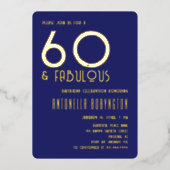 60歳 ファビュラス ネイビーブルー ゴールド レトロ タイポグラフィ 箔招待状 (正面)