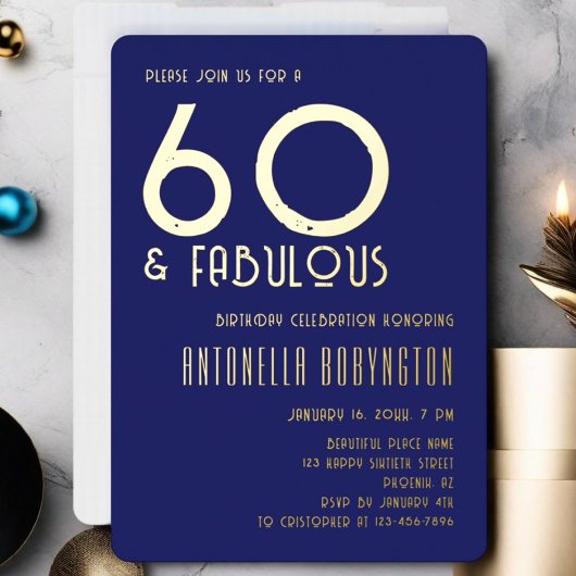 60歳 ファビュラス ネイビーブルー ゴールド レトロ タイポグラフィ 箔招待状