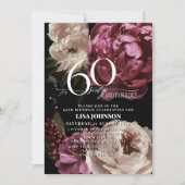 60歳 & ファビュラス ムーディー バーガンディー ブラッシュ ボタニカル 招待状 (正面)