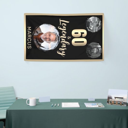 60歳 & レジェンダリー 3枚の写真 60歳の誕生日 ゴールド 横断幕 (トレードショー)