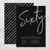 60歳 | 現代的なシルバーとブラックの60歳誕生日パーティー 招待状 (正面/裏面)
