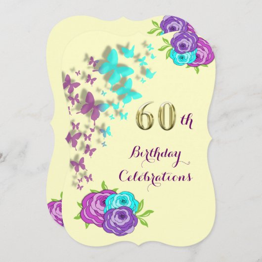 60番目の誕生日の蝶と花 招待状 (正面/裏面)