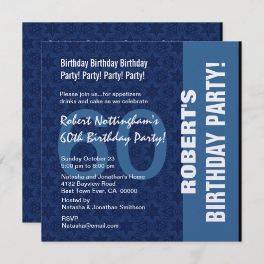 60番目の誕生日パモダンターン(青いW331の色相) 招待状 (正面/裏面)