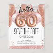 60番目の誕生日ピンクグリッター日付を保存 (正面)