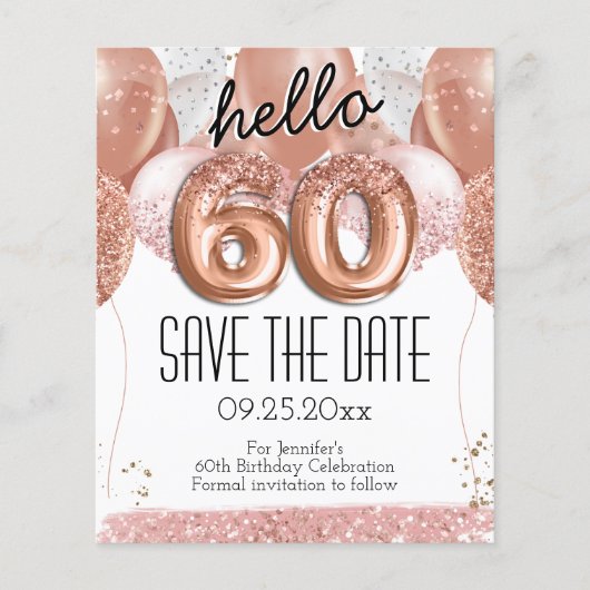 60番目の誕生日ピンクグリッター日付を保存 (正面)