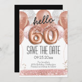 60番目の誕生日ピンクグリッター日付を保存 招待状 (正面/裏面)