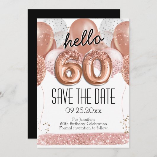 60番目の誕生日ピンクグリッター日付を保存 招待状 (正面/裏面)