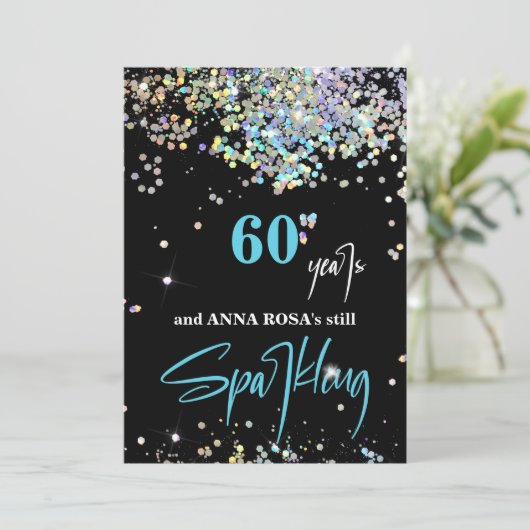*~* 60番目の誕生日ブラック・きらめくパーティー・シック 招待状 (スタンド正面)
