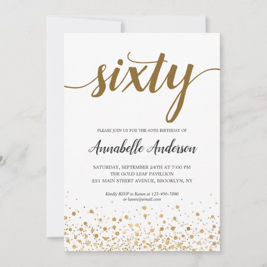 60番目の誕生日モダン金ゴールド紙吹雪ドットスクリプト 招待状 (正面)