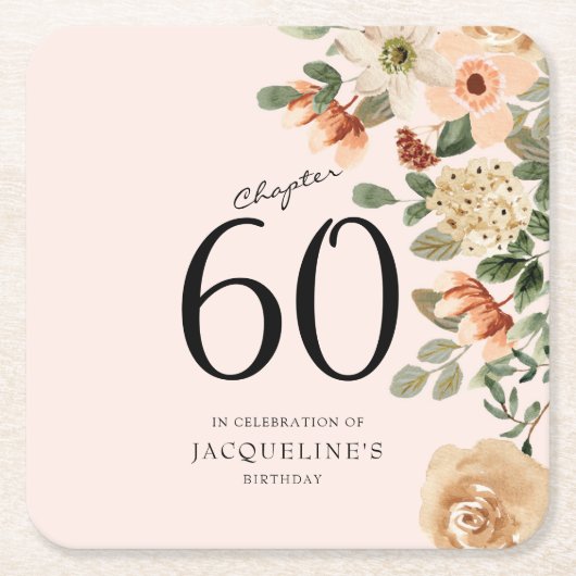 60番目の誕生日ヴィンテージフローラ スクエアペーパーコースター (正面)