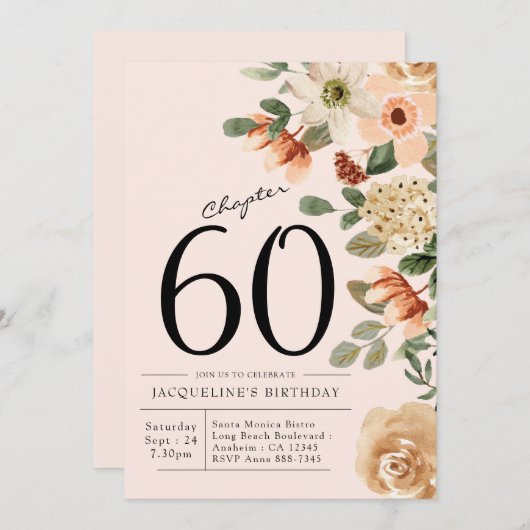 60番目の誕生日ヴィンテージフローラ 招待状 (正面/裏面)