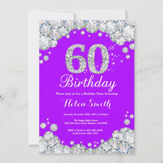 60番目の誕生日招待状パープル&シルバーダイヤモンド 招待状 (正面)
