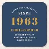60番目の誕生日生まれ1963名前の追加Blue金ゴールド スクエアペーパーコースター (正面)