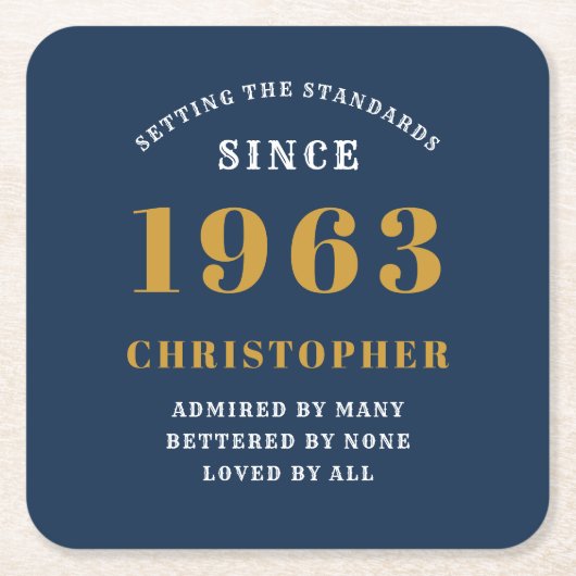 60番目の誕生日生まれ1963名前の追加Blue金ゴールド スクエアペーパーコースター (正面)