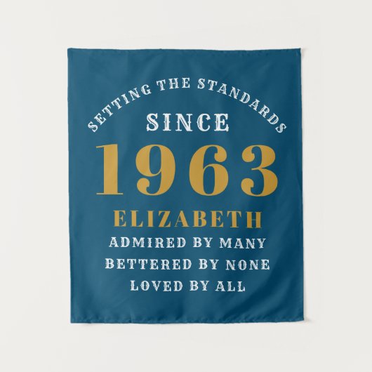 60番目の誕生日生まれ1963名前の追加Blue金ゴールド タペストリー (正面)