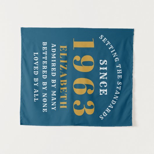 60番目の誕生日生まれ1963名前の追加Blue金ゴールド タペストリー (正面(横))