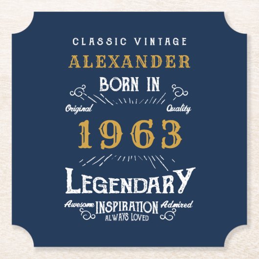 60番目の誕生日生まれ1963名前の追加Legend Blue金ゴールド ペーパーコースター (正面)