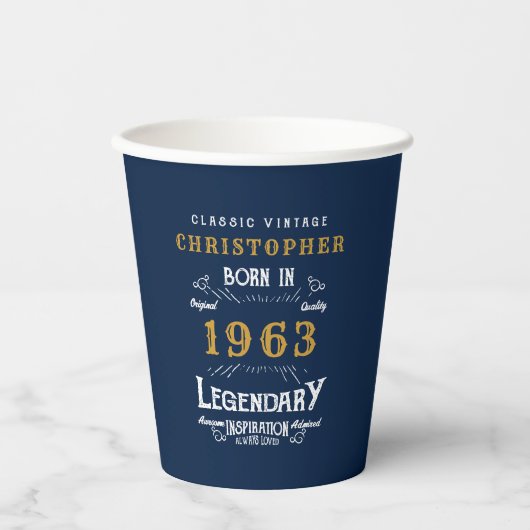 60番目の誕生日生まれ1963名前の追加Legend Blue金ゴールド 紙コップ (正面)