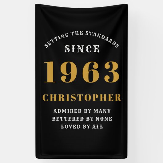 60番目の誕生日生まれ1963 名前の追加ブラック金ゴールド 横断幕 (縦)
