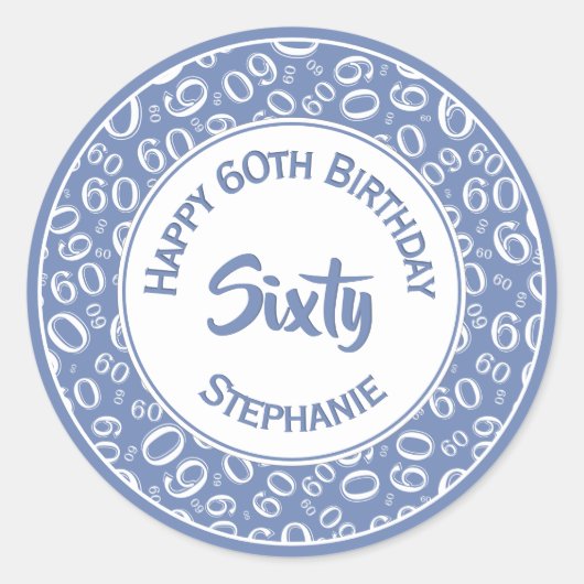 60番目の誕生日番号パターン60青と白 ラウンドシール (正面)
