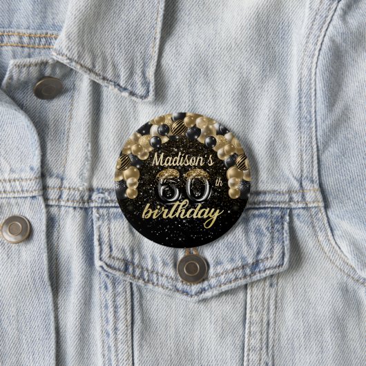 60番目の誕生日黒金ゴールドバルーングリッターボタン 缶バッジ (インサイチュ)