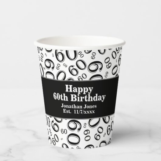 60番目の誕生日黒/白の乱数パターン60 紙コップ (正面)