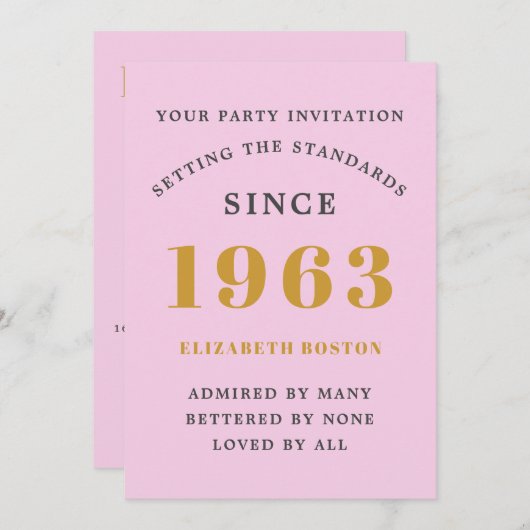 60番目の誕生日1963ピンクグレーの名前の年 招待状 (正面/裏面)