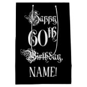 60番目の誕生日: ファンシー、スクリプエレガントト+名前をカスタムする ミディアムペーパーバッグ (裏面)